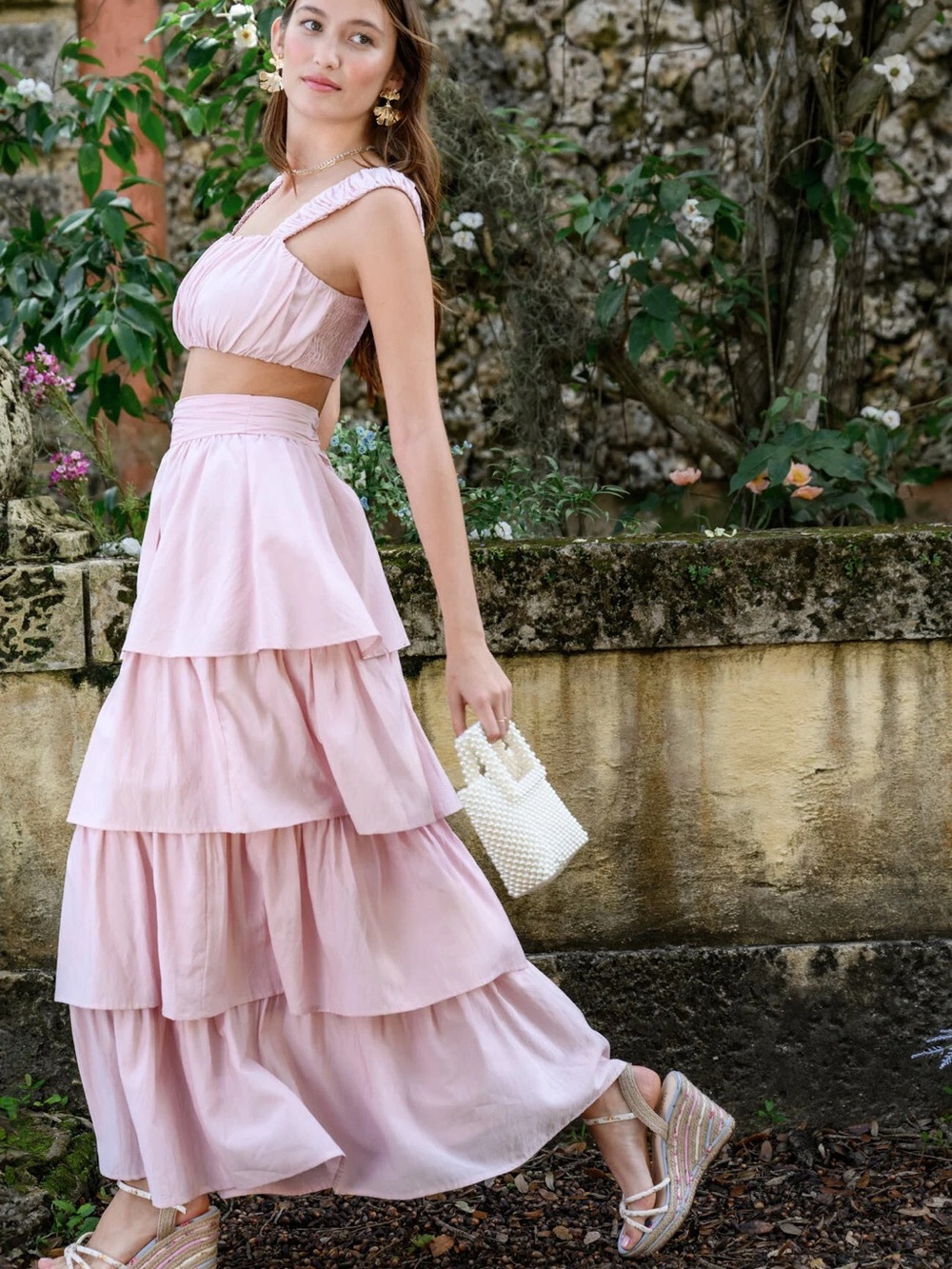 Altar'd State Light Pink Tiered Ruffle Maxi Skirt